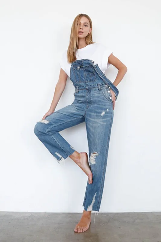 TEEK - High Waist Ripped Straight Denim Overall Jumpsuit