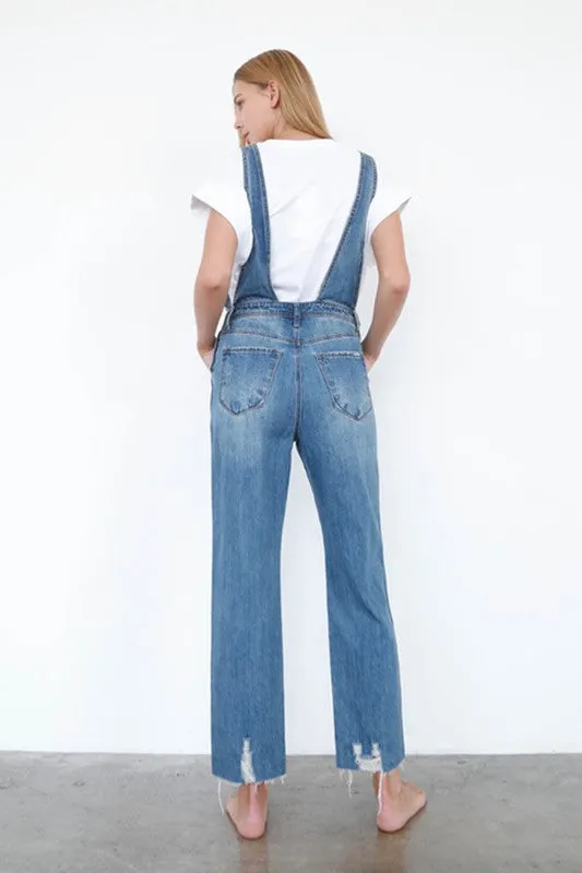 TEEK - High Waist Ripped Straight Denim Overall Jumpsuit