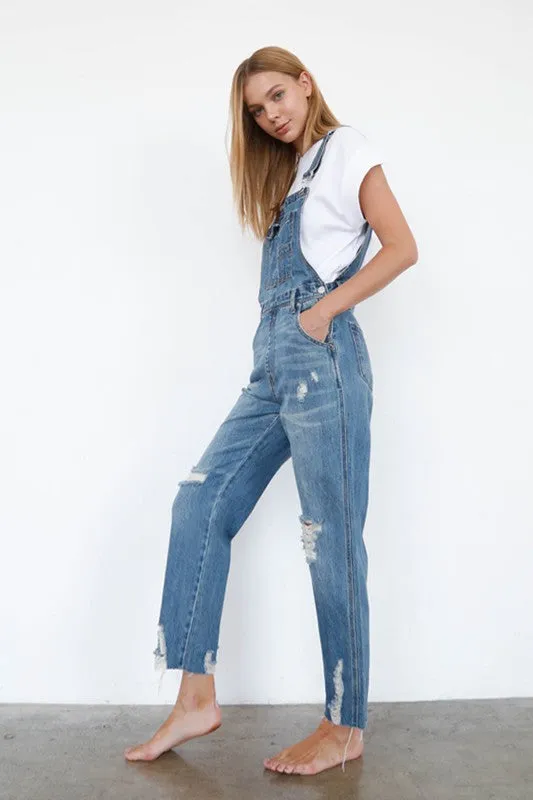 TEEK - High Waist Ripped Straight Denim Overall Jumpsuit