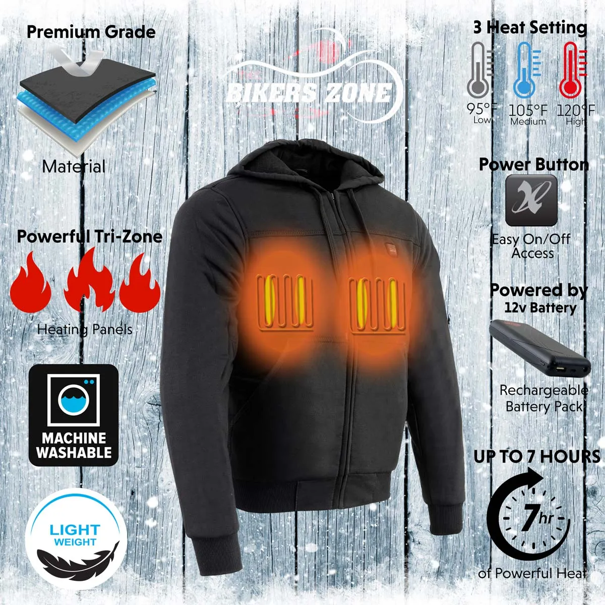 The Bikers Zone BZ2813 Men's Black Ultimate Heated Hoodie with 12V