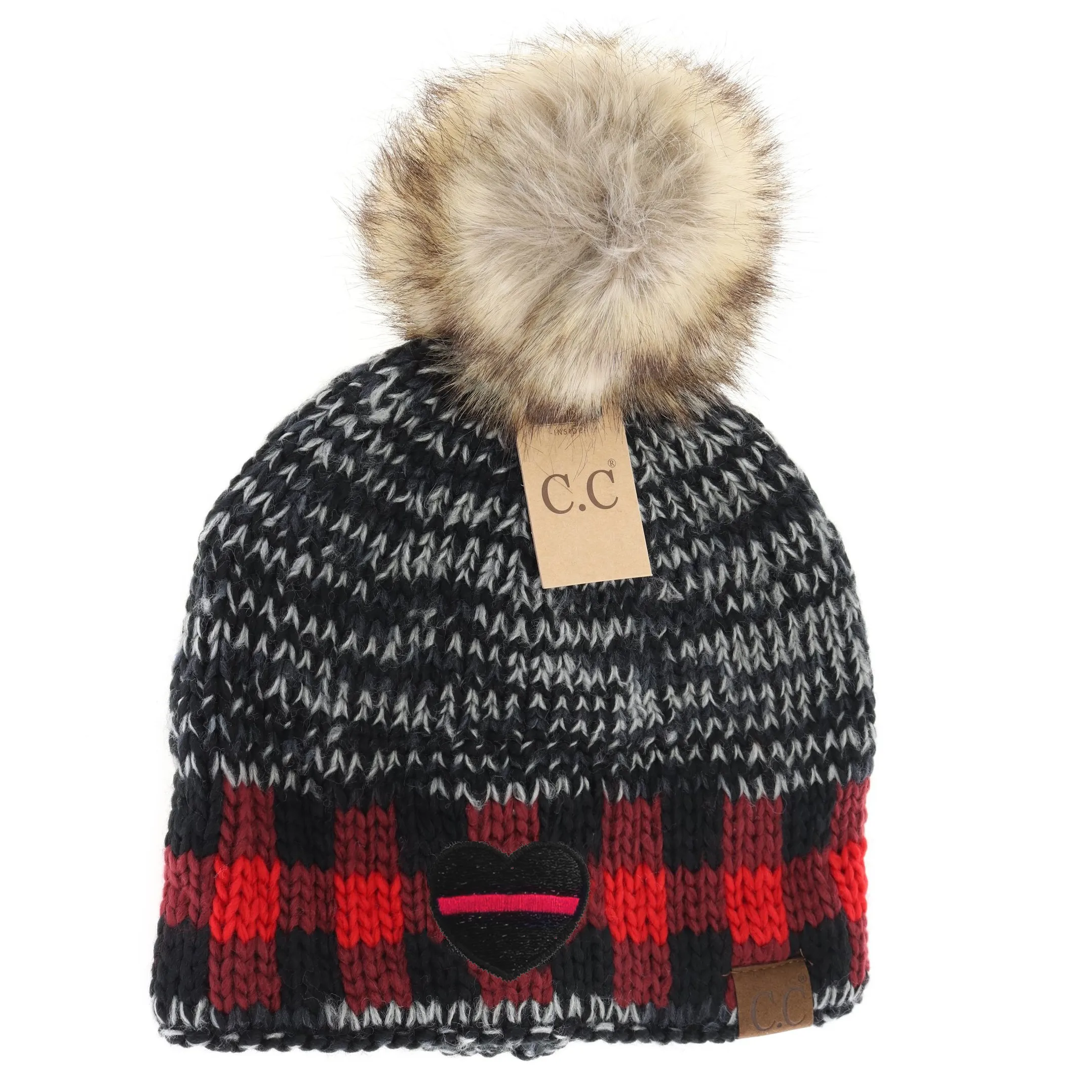 Thin Red Line Heart Buffalo Check Mixed Print Fur Pom