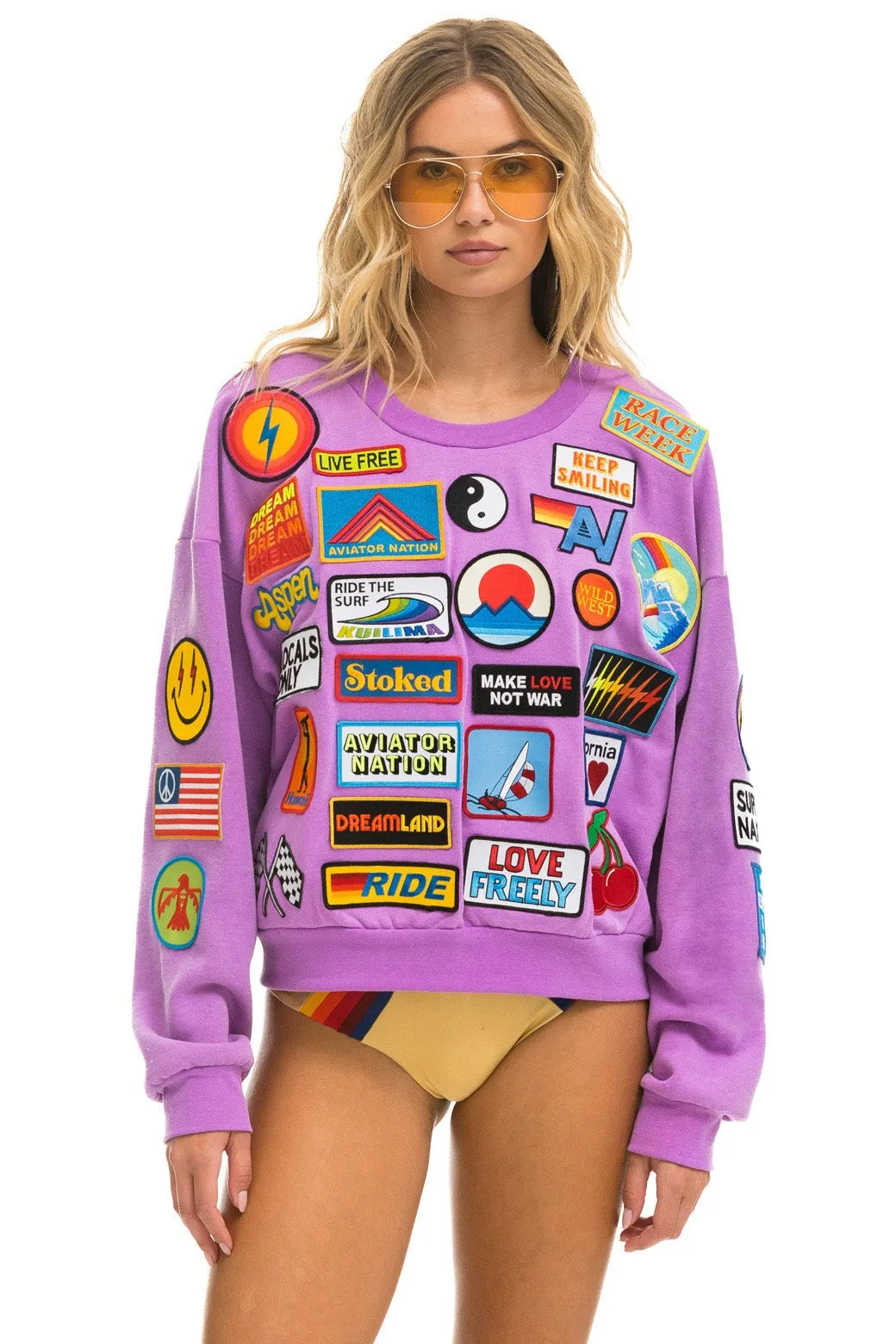 VINTAGE PATCH RELAXED CREW SWEATSHIRT - NEON PURPLE