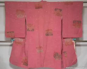 Vintage Pink Michiyuki with Paulownia & Scenery Art Boards - Silver Threading - Vintage Silk Women's Kimono Jacket with Pocket - 1970s Haori