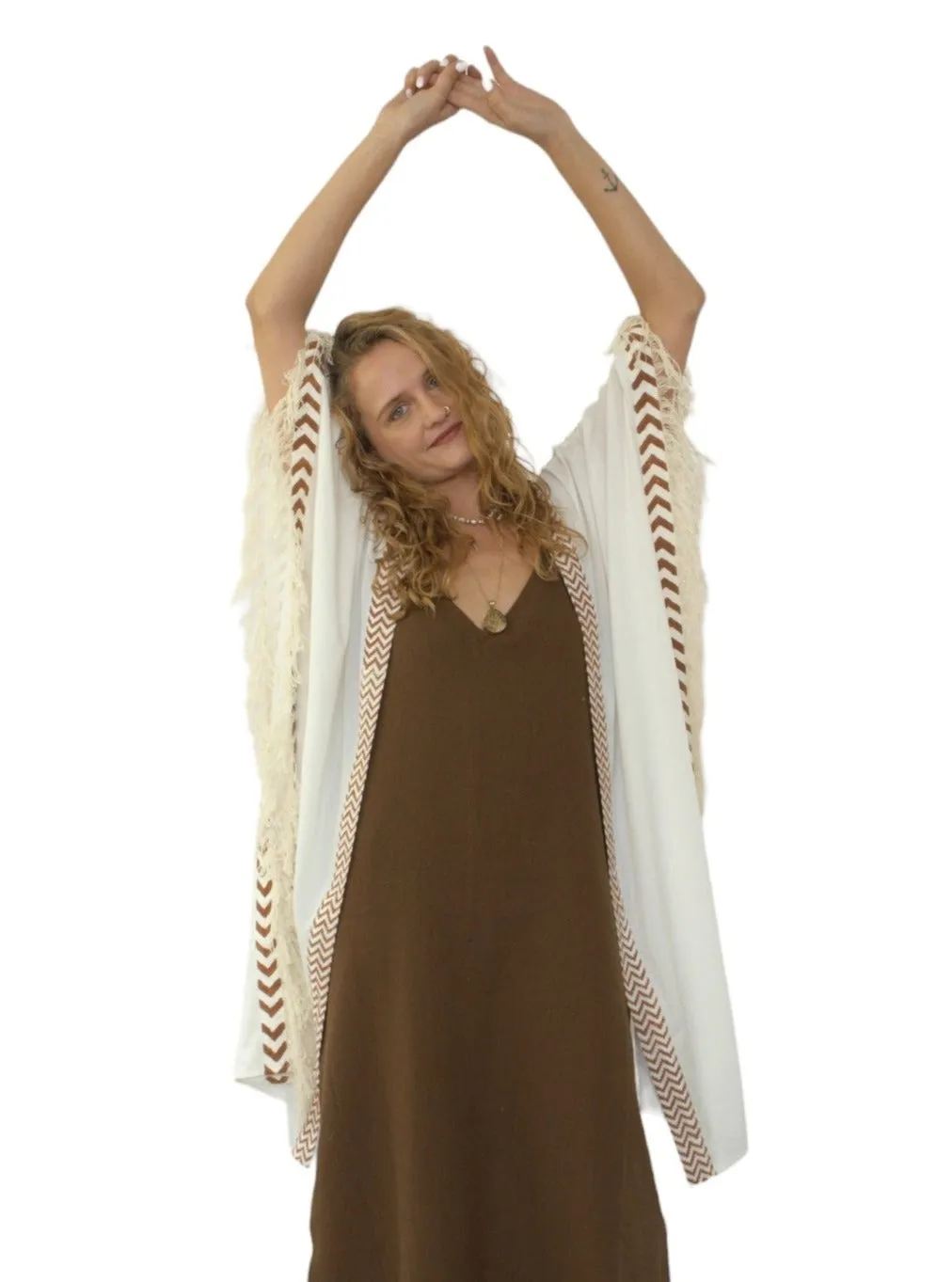 White Closed-Back Fringe Poncho