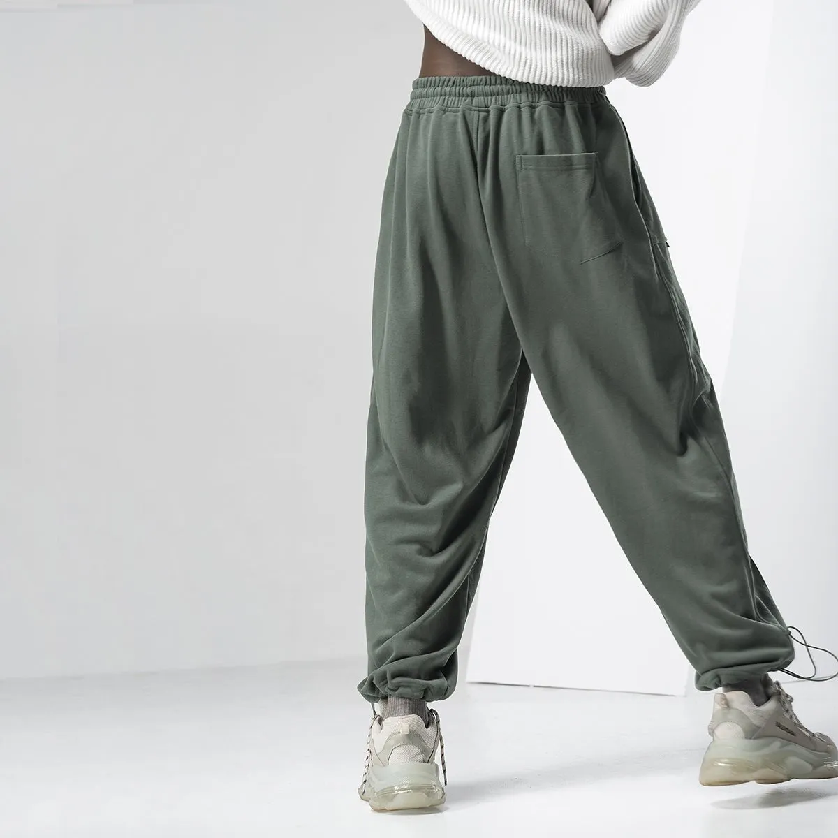 Wide Leg Strip Cord Elastic Waist Olive Sweatpants