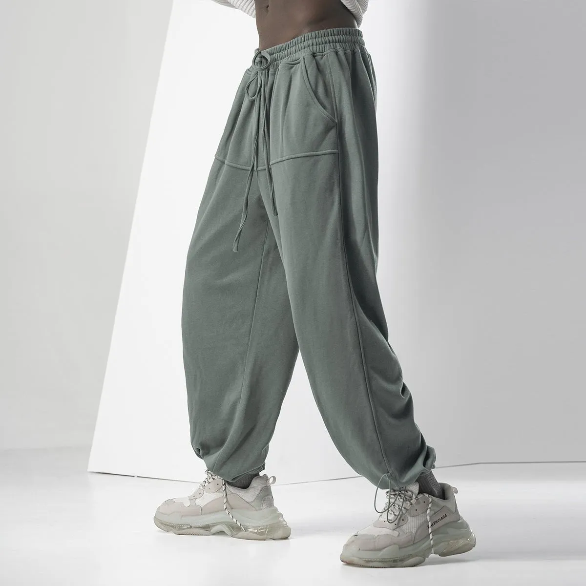 Wide Leg Strip Cord Elastic Waist Olive Sweatpants