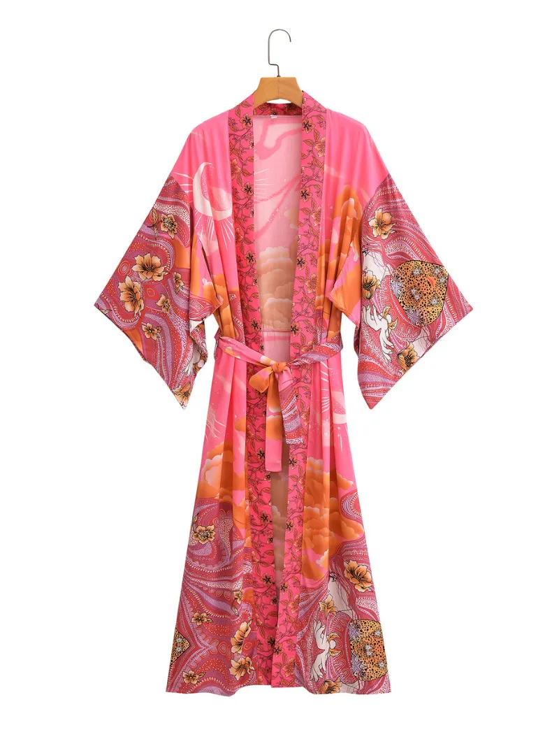 Women's Autumn Pink Starry Sky Long Cardigan Kimono Jacket