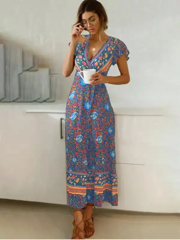 Women’s Bohemian Print Wrap Maxi Dress