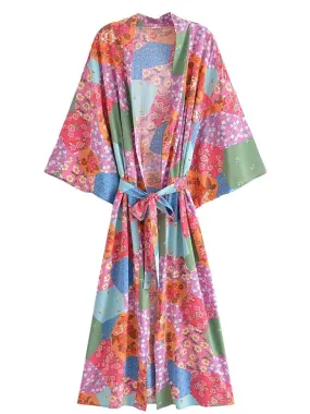 women's fashionable printing long belt stylish kimono cardigan jacket dress