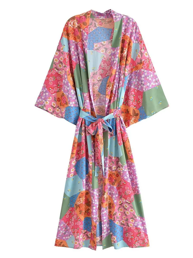 women's fashionable printing long belt stylish kimono cardigan jacket dress