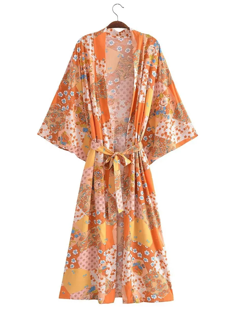 women's fashionable printing long belt stylish kimono cardigan jacket dress