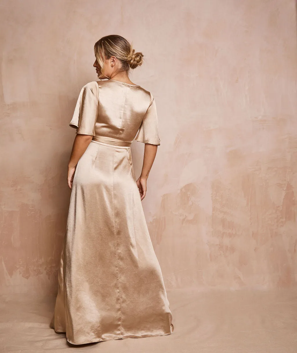 Wrap Tie Satin Bridesmaid Dress - Champagne