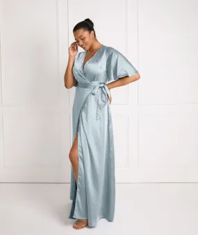 Wrap Tie Satin Bridesmaid Dress - Dusty Blue