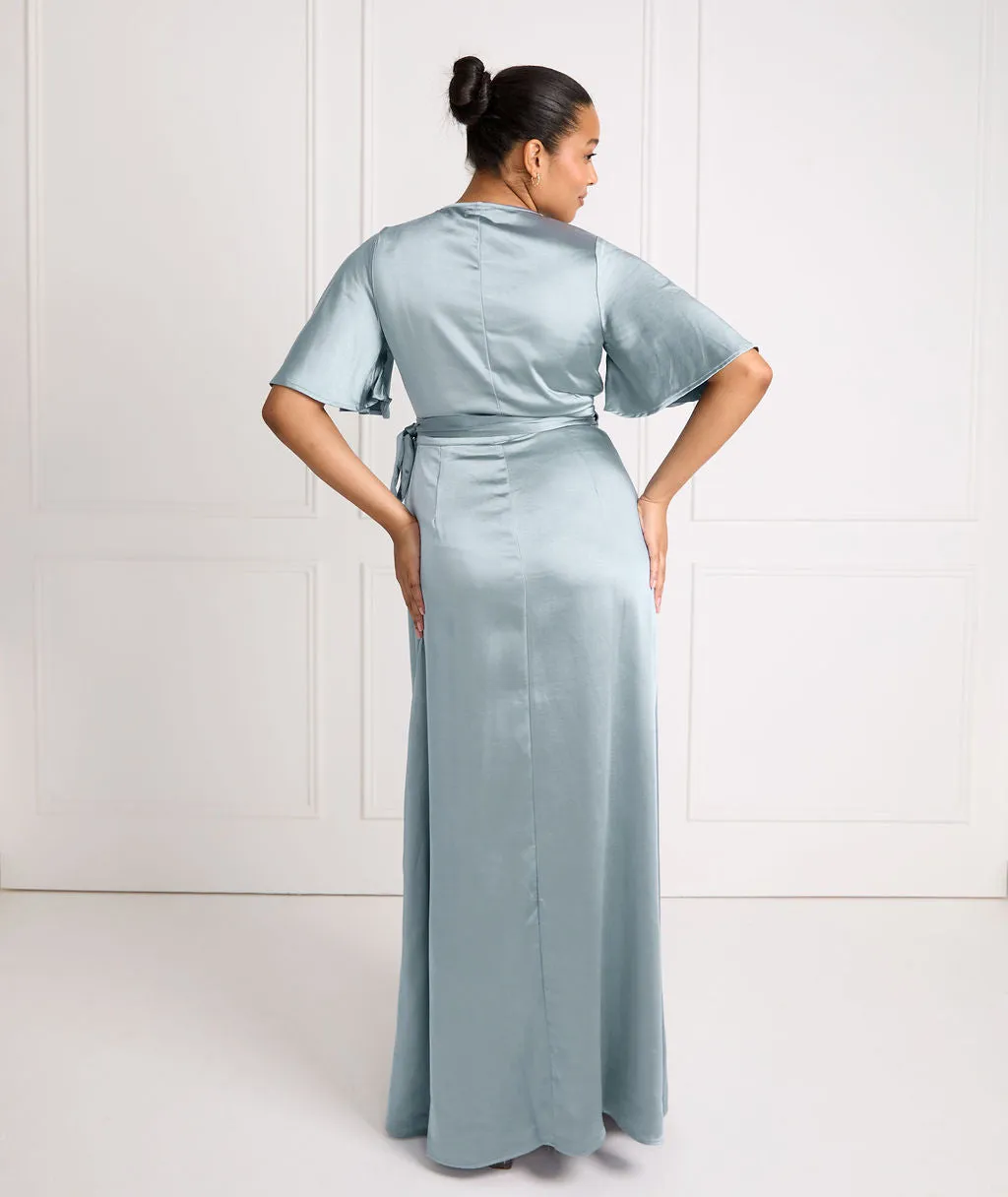 Wrap Tie Satin Bridesmaid Dress - Dusty Blue