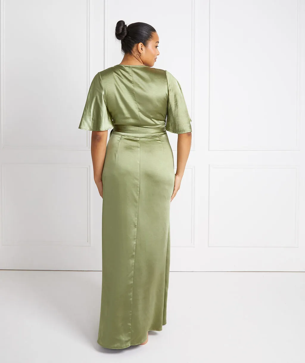 Wrap Tie Satin Bridesmaid Dress - Moss Green