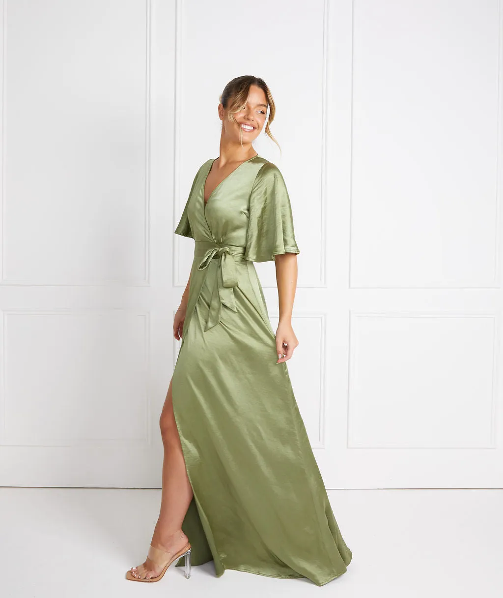 Wrap Tie Satin Bridesmaid Dress - Moss Green