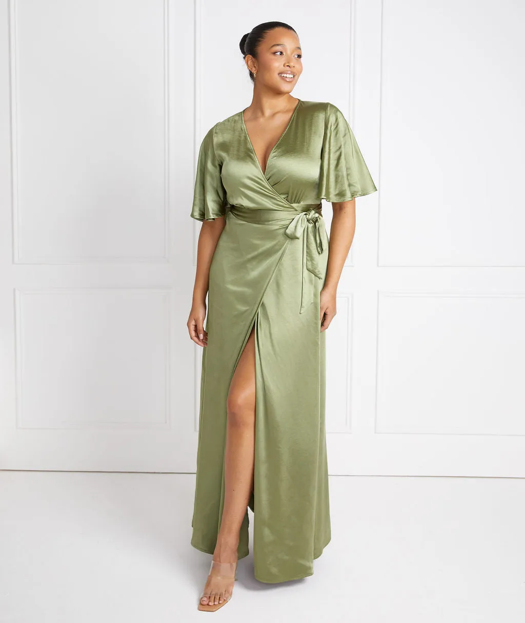 Wrap Tie Satin Bridesmaid Dress - Moss Green